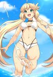  1girl ahoge artoria_caster_(fate) artoria_caster_(swimsuit)_(fate) artoria_pendragon_(fate) bad_link barefoot bikini blonde_hair blue_sky blush breasts cleavage fate/grand_order fate_(series) green_eyes haruhisky highres long_hair looking_at_viewer medium_breasts navel open_mouth sky smile solo swimsuit thighs twintails water white_bikini 