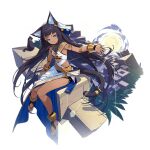  1girl animal_ears armlet bare_legs bare_shoulders bastet_(honkai_impact) black_hair blue_eyes bracelet cat cat_ears cat_girl cat_tail dark-skinned_female dark_skin full_body honkai_(series) honkai_impact_3rd jewelry official_art sitting smile tail tail_ornament third-party_source toeless_legwear 