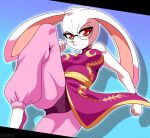  alfa995 angry anthro asian_clothing big_breasts bottomwear breasts chinese_clothing chinese_new_year clothing east_asian_clothing eyewear female fighting_pose glasses gradient_background lagomorph leporid long_ears mammal one_leg_up panties pants pink_bottomwear pink_clothing pink_pants pose rabbit raised_leg red_eyes serious simple_background solo underwear 