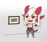  &lt;3 animal_humanoid big_breasts bottomwear breasts chibi cleavage clothed clothing dot_nose dragon dragon_humanoid female grey_background hair half-closed_eyes horn humanoid money monster_girl_(genre) narrowed_eyes nickelodeon pants picture_frame proud randomtanstudio red_ears red_horn red_tail ryu_(randomtanstudio) sharp_teeth simple_background smile solo spongebob_squarepants tail teeth white_hair yellow_eyes 