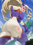  1girl absurdres ass ass_focus back blonde_hair blue_sky bodysuit boku_no_hero_academia breasts bright_pupils day domino_mask dynamic_pose from_behind from_below giant giantess gloves hair_flowing_over highres horns huge_ass ice koyap large_breasts long_hair looking_at_viewer looking_back looking_down mask mount_lady open_mouth outdoors pantylines pov red_eyes skindentation sky solo superhero thick_thighs thighs tight_clothes tongue torn_clothes 
