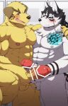  abs anthro balls black_and_white_fur blush canid canine canis domestic_dog duo erection frottage fur genitals hi_res lifewonders male male/male mammal masanori muscular muscular_anthro muscular_male nipples nobumichi_(tas) nude pecs penis seecle sex tattoo tokyo_afterschool_summoners yellow_body yellow_fur 