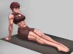  1girl abs absurdres arm_support bike_shorts breasts brown_hair brown_sports_bra grey_background heavy_breathing highres muscular muscular_female original short_hair simple_background sitting soolee040995 sports_bra stretching sweat sweatdrop thighs tomboy yellow_eyes yoga_mat 