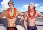  2boys achilles_(fate) black_wristband blue_male_swimwear brown_eyes closed_mouth collarbone fate/grand_order fate_(series) flower flower_necklace green_hair grey_hair grin hair_between_eyes haruakira highres large_pectorals lei looking_at_viewer male_focus male_swimwear mature_male multicolored_hair multiple_boys muscular muscular_male navel odysseus_(fate) orange_male_swimwear pectorals short_hair smile streaked_hair summer swim_trunks topless_male undercut v yellow_eyes 