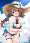  1girl ayamiyuki bikini blue_bikini blue_eyes blue_flower blush braid brown_hair brown_headwear collared_shirt cowboy_shot day flower groin hair_between_eyes hat hat_flower kantai_collection long_hair looking_at_viewer navel official_alternate_costume open_mouth outdoors shigure_(kancolle) shigure_kai_san_(kancolle) shirt short_sleeves single_braid solo straw_hat swimsuit thigh_strap water white_shirt 