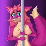  4k anthro big_breasts blue_eyes breasts canid canine colored_nails digital_media_(artwork) ear_piercing female fur green_nails hair hi_res looking_at_viewer mammal nails neon_lights nude onetruefanatyk piercing pink_body pink_hair pusia simple_background smile solo tail 
