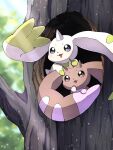  black_eyes brown_eyes day digimon digimon_(creature) highres horns in_tree lopmon multiple_others nagoshi no_humans open_mouth outdoors single_horn terriermon tree 