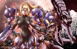  1girl alternate_costume alternate_design arm_cannon armor black_bodysuit blonde_hair blue_eyes bodysuit breasts eunnieverse metroid mole mole_under_mouth pauldrons ponytail power_armor power_suit purple_armor removing_armor ridley samus_aran shoulder_armor watermark weapon zero_suit 