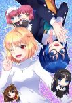  apron arcueid_brunestud black_hair black_jacket blonde_hair blue_eyes blue_hair breasts brown_eyes brown_hair chibi ciel_(tsukihime) commentary_request frilled_apron frills frown glasses hands_on_own_hips highres hisui_(tsukihime) holding_hands interlocked_fingers jacket jewelry kohaku_(tsukihime) lo_lis maid maid_apron maid_headdress medium_breasts necklace one_eye_closed open_mouth orange_eyes own_hands_together pink_hair red_eyes school_uniform short_hair siblings sisters smile sweater tohno_akiha tsukihime turtleneck twins twintails v yellow_sweater yumizuka_satsuki 