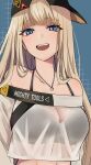  1girl backwards_hat bandaid bandaid_on_face bandaid_on_nose bare_shoulders baseball_cap black_sports_bra blonde_hair blue_eyes breasts centi_(nikke) centi_(supreme_holiday)_(nikke) cleavage collarbone crop_top goddess_of_victory:_nikke hat highres jewelry large_breasts light_blush long_hair looking_at_viewer necklace official_alternate_costume open_mouth saizuki see-through see-through_shirt shirt smile solo sports_bra upper_body white_shirt 