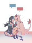  2girls :d absurdres arknights bare_shoulders black_hair black_jacket black_socks blank_speech_bubble blush_stickers boots breasts collared_dress dragon_girl dragon_horns dragon_tail dress dusk_(arknights) eye_contact fang flame-tipped_tail grey_hair highres holding horns jacket long_hair long_sleeves looking_at_another medium_breasts multicolored_hair multiple_girls necktie nian_(arknights) parted_lips pointy_ears ponytail purple_eyes red_eyes red_necktie sifeizui simple_background sleeveless sleeveless_dress smile socks speech_bubble streaked_hair tail very_long_hair white_background white_dress white_footwear white_jacket wide_sleeves 