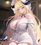  1girl alternate_costume arknights bare_shoulders bird black_choker blonde_hair blunt_bangs blurry blurry_background blush bonnet breasts chinese_commentary choker cleavage closed_eyes closed_mouth covered_navel cowboy_shot demon_horns fur-trimmed_robe fur_trim garter_straps horns indoors large_breasts long_hair mikuning nightingale_(arknights) no_bra robe sitting solo sweatdrop very_long_hair white_headwear white_robe 