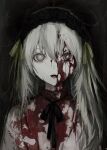  1girl absurdres black_flower black_hairband black_ribbon black_rose blood blood_from_eyes blood_on_clothes blood_on_face bloodshot_eyes commentary dark_background dress english_commentary fangs flower flower_hairband grey_dress grey_eyes grey_hair hair_ribbon hairband highres jiz_(pffbq) long_hair looking_at_viewer neck_ribbon open_mouth original ribbon rose solo tongue upper_body yellow_ribbon 