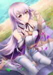  1girl absurdres bare_shoulders breasts commentary dress fire_emblem fire_emblem:_genealogy_of_the_holy_war highres julia_(fire_emblem) long_hair looking_at_viewer purple_eyes purple_hair sitting solo tapume wariza 