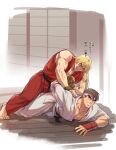  2boys absurdres aged_down armlock bara blonde_hair chinese_text dougi forked_eyebrows full_body headband highres ken_masters male_focus multiple_boys muscular muscular_male pectoral_cleavage pectorals ryu_(street_fighter) shirt short_hair sleeveless sleeveless_shirt street_fighter thick_eyebrows translation_request wrestling yaoi yuiofire 