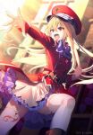  1girl belt black_belt blonde_hair blurry blurry_background bow bowtie buttons clenched_hand double-breasted garter_straps hair_between_eyes hat hikikomari_kyuuketsuki_no_monmon long_hair military_uniform open_mouth peaked_cap purple_bow purple_bowtie red_eyes red_headwear riichu solo teeth terakomari_gandezblood thighhighs twitter_username uniform upper_teeth_only white_garter_straps white_thighhighs 