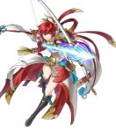  1girl arm_guards armor boots bow_(weapon) cape circlet fire_emblem fire_emblem_fates fire_emblem_heroes full_body gloves gold_trim highres hinoka_(fire_emblem) japanese_clothes jewelry katana kita_senri knee_boots long_sleeves non-web_source official_art pelvic_curtain red_eyes red_hair sheath sheathed short_hair solo sword transparent_background weapon 