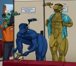  anthro argonian balls bethesda_softworks big_penis blue_body blue_eyes blue_scales bottomless casual_nudity caught clothed clothing dialogue digital_media_(artwork) english_text erection fitting_room foreskin genitals group hi_res horn humanoid_genitalia humanoid_penis long_penis looking_at_another male muscular muscular_anthro muscular_male nude penis public public_nudity reptile scales scalie shen_(archshen) shirt spikes tall_lizzard_(artist) text the_elder_scrolls topwear tristen 