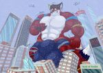 bulge canid canine city city_destruction clothing fox growth hyper iliakitsune macro male mammal muscle_growth muscular outgrowing_clothes size_growth snow snowing torn_clothing underwear 