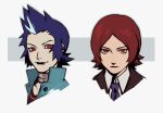  2boys black_jacket black_lips blue_hair closed_mouth cropped_shoulders highres jacket jewelry looking_at_viewer makeup male_focus mishina_eikichi multicolored_hair multiple_boys neck_ring neekosiah persona persona_2 portrait red_eyes red_hair simple_background spiked_hair suou_tatsuya two-tone_background 