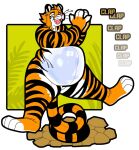  animate_inanimate anthro balancing_on_tail belly big_belly clapping colored countershade_torso countershading duo felid female female_pred fully_inside hair hi_res hypnofood inflatable living_inflatable mammal nude open_mouth orange_body pantherine sascha_(hypnofood) silhouette silhouetted_body stripes tail text thick_thighs tiger vore 