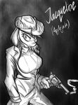  2023 anthro anthrofied applejack_(mlp) black_and_white bottomwear breasts clothing earth_pony equid equine female friendship_is_magic greyscale gun handgun hasbro hat headgear headwear horse jacket looking_at_viewer mammal monochrome my_little_pony pants pony ranged_weapon redahfuhrerking revolver sketch smoke solo topwear weapon 