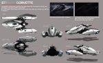  1other absurdres ambiguous_gender chavito34 commentary concept_art corvette_(eve_online) english_text eve_online floating flying from_above from_behind from_below from_side glowing grey_background grey_theme highres military military_vehicle motion_blur multiple_views original science_fiction shadow size_comparison sky space spacecraft star_(sky) starry_sky thrusters vehicle_focus 
