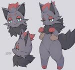  ambiguous_gender black_body black_fur crotch_tuft devil-vox disembodied_hand duo feral fur generation_5_pokemon green_eyes grey_background grey_body grey_fur hi_res nintendo paws pokemon pokemon_(species) quadruped red_body red_fur simple_background smile tuft zorua 