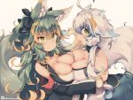  2girls animal_ear_fluff animal_ears asymmetrical_docking black_sleeves blue_hair breast_press breasts cleavage commentary_request detached_sleeves green_eyes green_hair kuromiya kuromiya_raika large_breasts looking_at_viewer multicolored_hair multiple_girls orange_hair original shiromiya_asuka simple_background smile two-tone_hair white_hair white_sleeves yellow_background 