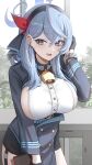  1girl absurdres ako_(blue_archive) bell black_gloves blue_archive blue_eyes blue_hair blue_hairband blush breasts ear_piercing gloves hair_ornament hairband halo hand_up highres jeze large_breasts long_sleeves looking_at_viewer medium_hair open_mouth piercing sideboob smile solo 