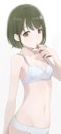  1girl bra breasts cellphone gradient_background green_eyes green_hair grey_background highres hiroki_(yyqw7151) holding holding_phone idolmaster idolmaster_shiny_colors looking_at_viewer nanakusa_nichika navel panties parted_lips phone short_hair small_breasts solo stomach underwear underwear_only white_bra white_panties 