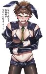  1boy ahoge amayadori_(amydr_orz) anger_vein bare_shoulders black_bra black_gloves black_panties black_shorts black_sleeves blush bra brown_eyes brown_hair brown_pantyhose cowboy_shot crossdressing danganronpa_(series) danganronpa_2:_goodbye_despair detached_collar detached_sleeves gloves green_necktie highres hinata_hajime male_focus male_playboy_bunny micro_shorts navel necktie open_clothes open_shorts panties pantyhose short_hair shorts solo teeth translation_request underwear 