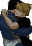  1boy 1girl absurdres arms_around_back arms_around_neck black_hair black_shirt blonde_hair blue_jacket brown_eyes clenched_teeth crying earrings fullmetal_alchemist highres hug jacket jewelry long_sleeves military military_jacket military_uniform ozaki_(tsukiko3) parted_lips riza_hawkeye roy_mustang shirt short_hair short_sleeves tears teeth tight_clothes tight_shirt turtleneck uniform updo upper_body white_background 