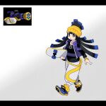  1girl :c black_eyes black_hair blue_hair closed_mouth full_body grey_background headband highres holding holding_skateboard long_hair long_sleeves looking_at_viewer mini_splatling_(splatoon) multicolored_hair pants personification reference_inset shoes sido_(slipknot) simple_background skateboard sneakers solo splatoon_(series) walking yellow_headband 