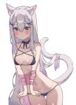  1girl absurdres animal_ears ao_kotoha bikini black_bikini bound breasts cat_ears cat_girl cat_tail gradient_hair grey_hair highres long_hair looking_at_viewer multicolored_hair navel original purple_hair ribbon ribbon_bondage small_breasts stomach swimsuit tail very_long_hair 