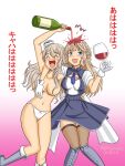  2girls blue_eyes blue_necktie bottle braid breasts closed_eyes commentary_request cup drinking_glass feet_out_of_frame geru gradient_background grey_hair grey_thighhighs hat holding holding_bottle kantai_collection large_breasts light_brown_hair long_hair medium_breasts mini_hat multiple_girls necktie panties pola_(kancolle) pouring ranger_(kancolle) side_braids thighhighs topless two-tone_dress underwear underwear_only wavy_hair white_panties wine_bottle wine_glass 