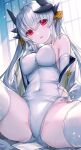  1girl alternate_costume bare_shoulders blush breasts commentary_request covered_navel dragon_girl dragon_horns elbow_gloves fate/grand_order fate_(series) gloves highleg horns kiyohime_(fate) large_breasts leotard long_hair looking_at_viewer morizono_shiki parted_lips red_eyes smile solo thighhighs thighs white_gloves white_hair white_leotard white_thighhighs 