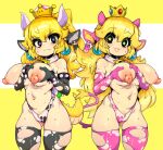  2girls absurdres alternate_costume animal_ears animal_print armlet bell black_eyes black_gloves black_thighhighs blonde_hair bowsette bracelet breasts closed_mouth commentary cow_ears cow_print cow_tail cowbell crown elbow_gloves english_commentary fang gloves highres horns jewelry lactation large_breasts lips lizard_tail long_hair looking_at_viewer mario_(series) multiple_girls navel neck_bell new_super_mario_bros._u_deluxe nipples pink_gloves pink_thighhighs princess_peach slugbox smile spiked_armlet spiked_bracelet spikes standing star-shaped_pupils star_(symbol) super_crown sweat symbol-shaped_pupils tail thighhighs two-tone_background white_background white_horns yellow_background 