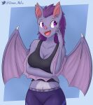  2022 5_fingers anthro bat big_breasts blush bottomwear breasts clothed clothing digital_media_(artwork) dmoon female fingers fur hair hand_on_face hand_on_hip hi_res inner_ear_fluff leggings legwear looking_at_viewer mammal membrane_(anatomy) membranous_wings open_mouth pants purple_body purple_eyes purple_fur purple_hair simple_background smile solo standing teeth thick_thighs topwear tuft wings 