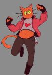  anthro anthrofied cabblebabble clothing crop_top domestic_cat felid feline felis fingerless_gloves fur gloves handwear heart_(mad_rat_dead) hi_res mad_rat_dead male mammal midriff mouthless navel red_body red_fur shirt solo topwear yellow_eyes 