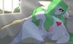  absurd_res anthro areola awintermoose bed bed_hair bed_sheet bedding big_breasts breasts chest_spike curvy_figure ear_piercing ear_ring female frowning_at_viewer furniture gardevoir generation_3_pokemon green_hair groggy hair hi_res light long_hair looking_at_viewer nintendo nipples piercing pokemon pokemon_(species) red_eyes ring_piercing solo spikes spikes_(anatomy) sunlight under_covers waking_up window 