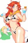  1boy 1girl aged_up animal_print bikini blush_stickers bottle breasts cow_girl cow_print cow_tail drink earrings highres holding holding_drink horns inkerton-kun jewelry large_breasts link long_hair malon milk milk_bottle one_eye_closed pointy_ears print_bikini red_hair swimsuit tail the_legend_of_zelda the_legend_of_zelda:_ocarina_of_time 