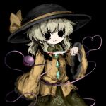  1girl black_background black_eyes black_headwear blood blood_on_knife blouse bow buttons closed_mouth cowboy_shot diamond_button eyeball floral_print frilled_shirt_collar frilled_sleeves frills green_skirt hand_up hat hat_bow hat_ribbon heripantomorrow holding holding_knife knife komeiji_koishi light_green_hair long_sleeves looking_at_viewer medium_hair ribbon rose_print shirt simple_background skirt smile solo third_eye touhou wavy_hair wide_sleeves yellow_bow yellow_ribbon yellow_shirt 