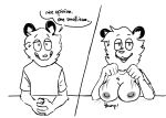  anonymous_artist anthro breast_drop breasts clothed clothing clothing_lift didelphid fair_argument_(meme) female fur looking_at_viewer mammal marsupial shirt shirt_lift smile smug_face solo topwear white_body white_fur 