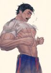  1boy abs bara bare_pectorals black_hair blue_pants clothes_lift k5verse large_pectorals male_focus marvel miguel_o&#039;hara muscular muscular_male navel pants pectorals shirt shirt_lift short_hair solo spider-man:_across_the_spider-verse spider-man_(series) spider-verse white_shirt 
