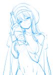 1girl andreanof_pepesha bottle breasts bukimi_isan closed_mouth cowboy_shot hair_between_eyes hat highres holding holding_bottle large_breasts long_hair monochrome shy_(series) sketch smile solo spirits_(shy) unfinished 
