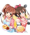  2girls :d apron artist_name bare_shoulders black_jacket black_skirt blue_apron blue_eyes blush bow breasts brown_eyes brown_hair cleavage closed_mouth collarbone food fried_rice from_above hair_bow hair_ornament hair_ribbon hair_scrunchie hamburger_steak hands_up highres holding holding_food holding_ladle holding_spatula idolmaster idolmaster_cinderella_girls idolmaster_cinderella_girls_starlight_stage idolmaster_million_live! idolmaster_million_live!_theater_days igarashi_kyoko jacket ketchup kirikirimai_(kkm) ladle large_breasts long_hair long_sleeves looking_at_viewer medium_breasts multiple_girls omelet omurice open_mouth pink_shirt plaid plaid_apron ponytail print_skirt red_apron red_ribbon red_tank_top ribbon satake_minako scrunchie shirt side_ponytail sidelocks signature simple_background skirt smile spatula tank_top twitter_username two-tone_background vegetable white_background yellow_background 
