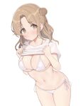  1girl aa211108 bikini blush breasts cleavage clothes_lift hair_bun highres ichikawa_hinana idolmaster idolmaster_shiny_colors large_breasts lifted_by_self light_brown_hair looking_at_viewer navel parted_lips shirt shirt_lift simple_background single_side_bun solo stomach swimsuit white_background white_bikini white_shirt 