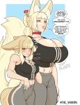  2girls animal_ear_fluff animal_ears atsuko_(the_varking) black_sports_bra blonde_hair blush breast_envy breasts bursting_breasts choker cleavage english_commentary english_text fingernails fox_ears fox_girl fox_tail grey_pants hair_bun haruko_(the_varking) height_difference highres huge_breasts kitsune kyuubi large_tail light_brown_hair lips long_tail mature_female medium_breasts medium_support_(meme) meme mother_and_daughter multiple_girls multiple_tails original pants red_choker red_eyes red_nails sharp_fingernails short_hair_with_long_locks side-by-side single_hair_bun speech_bubble sports_bra standing striped striped_sports_bra tail tall_female the_varking triple_vertical_stripe twitter_username updo yoga_pants 