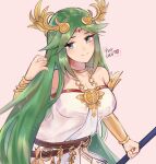  1girl armlet artist_name bare_shoulders breasts chain chiton circlet cleavage collarbone dress forehead_jewel gold_chain green_eyes green_hair highres holding holding_staff jewelry kid_icarus kid_icarus_uprising large_breasts long_hair neck_ring palutena parted_bangs pendant purrlucii solo staff strapless strapless_dress vambraces very_long_hair white_dress 
